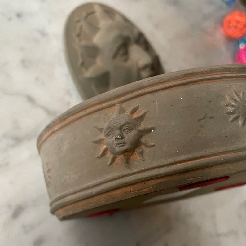 Vintage Sun Face Terracotta Lidded Bowl Dish Jewelry Box image 5