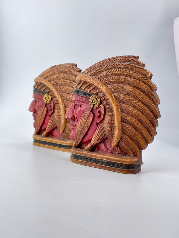 Vintage 1940s Antique American Indian Head Book Ends Sculpture
