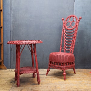 Antique 1900s Victorian Highback Wicker Parlor Chair Red Painted Rattan Woven image 5
