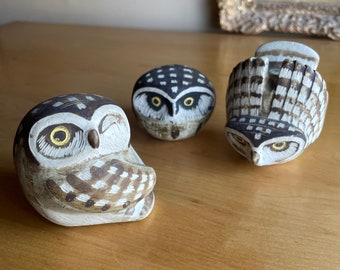 Vintage Set 3 Owl Figurines Edward Lindahl Minerva Gustavsberg Sweden Stoneware Danish Mid-Century Modern Eras Artist Crafstman