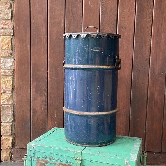 Navy Blue Oil Drum Trash Can + Lid Workshop Ratrod Steel Barrel