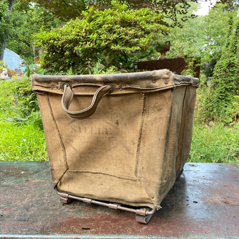 1950s Vintage Leather, Canvas Iron Laundry Basket Industrial Factory Vintage Steele Mfg image 9