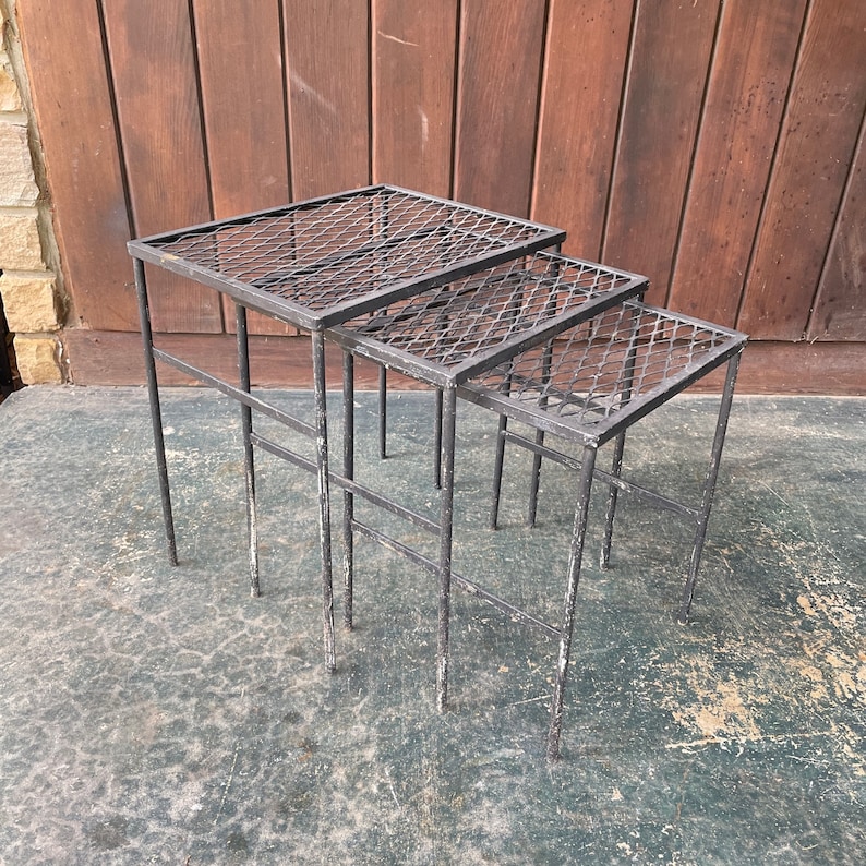 Salterini Style Outdoor Patio Furniture Nesting Tables Iron Expanded Metal Vintage Mid-Century Modernist image 1
