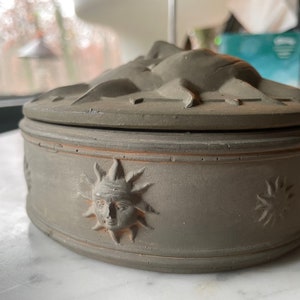 Vintage Sun Face Terracotta Lidded Bowl Dish Jewelry Box image 8