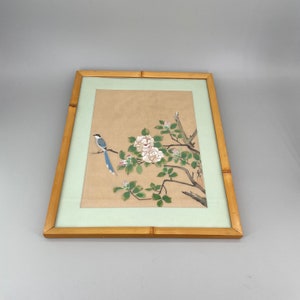Vintage Mid-Century Japanese Painting on Linen Bird Scene image 2