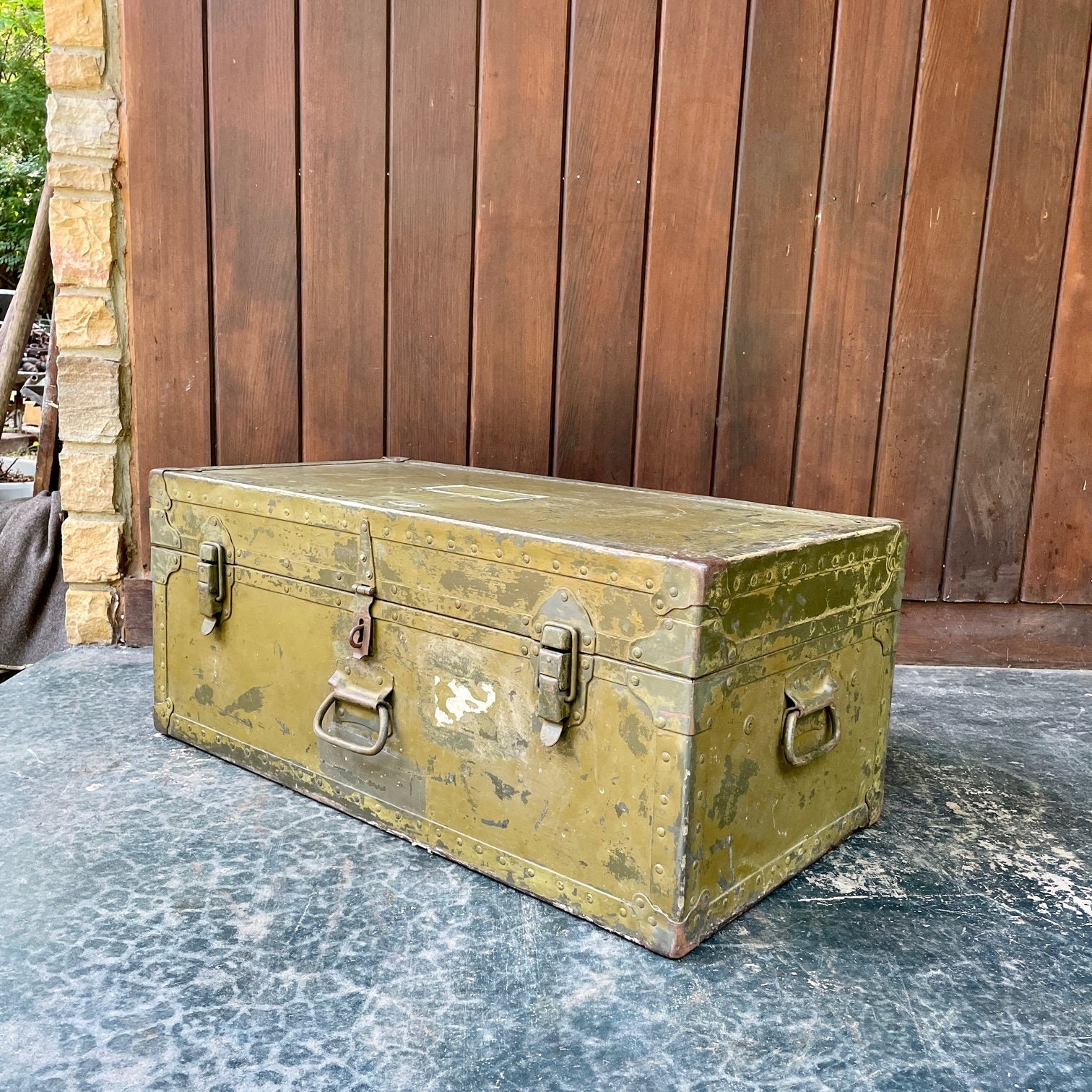 Vintage 1946 Green Foot Locker Trunk Military WWII Original Patina  Mid-Century 20th War Chest