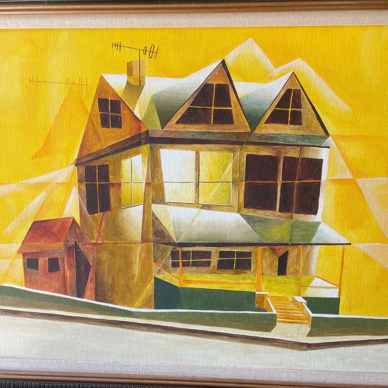 Richard Keen Cubist House Architectural Painting Artwork Synthetic Cubism Vintage Late Mid-Century Architecture Atomic Ranch image 2