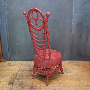 Antique 1900s Victorian Highback Wicker Parlor Chair Red Painted Rattan Woven image 2