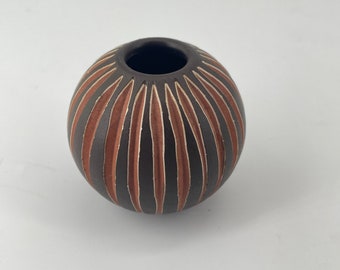 Vintage Mid-Century Incised Ceramic Ball Vase Sphere Scandinavian Style