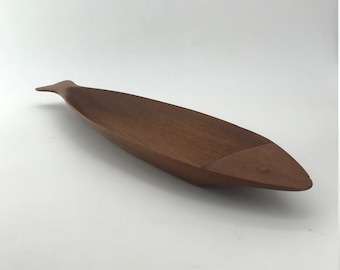 Vintage danés teak fish Bowl mediados de siglo Era BTP birmano Tailandia sacerdotisa tuerca de madera