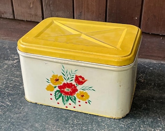 Vintage Cottage Bread Box Floral Pressed Tin Toleware Kitchen Storage