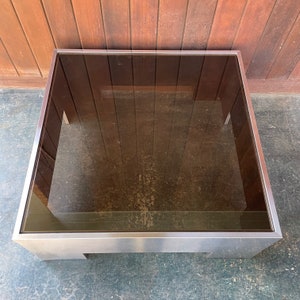 Vintage 1970s Steel Smoked Glass Block Coffee Table like Milo Baughman / Paul Mayen / Paul Evans image 2