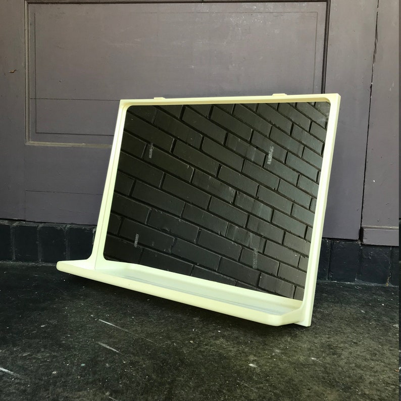 1980s White Plastic Wall Mirror With Shelf Vintage Makisen Kuvastin Oy Artist Art Work Makeup Jewelry Organizer Desk Accessory