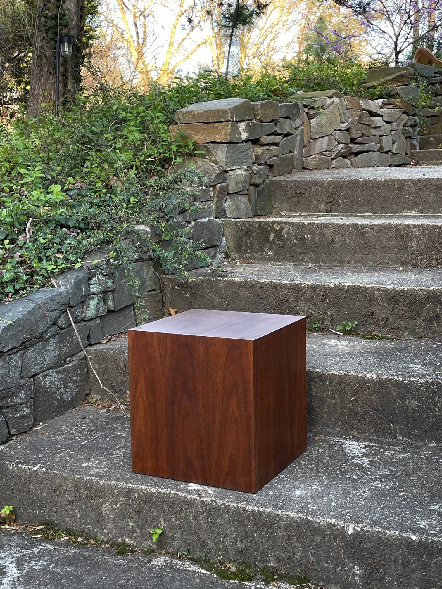 Walnut Cube Table Pedestal Glass Side Table Vintage Mid-century - Etsy