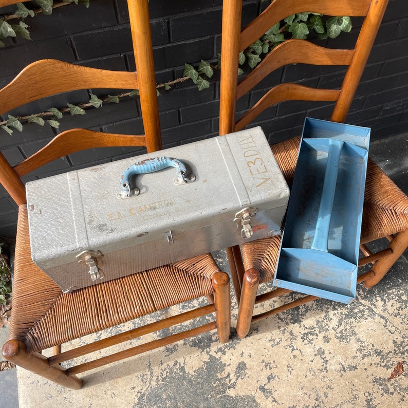 Vintage Industrial Union Made Toolbox with Enamel Blue Steel Handle Interior 1940s 1950s image 6