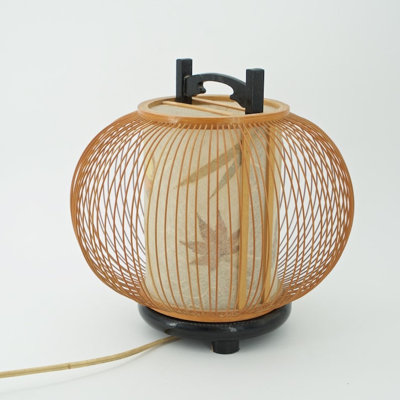Midcentury Japanese Bamboo Lantern Table Lamp Floral Paper Etsy