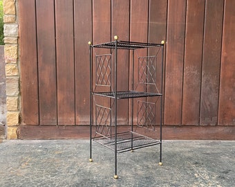 1950s Vintage Brass Balled Telephone Stand Wire Atomic Perforated Tiered Side Table Plant Stand