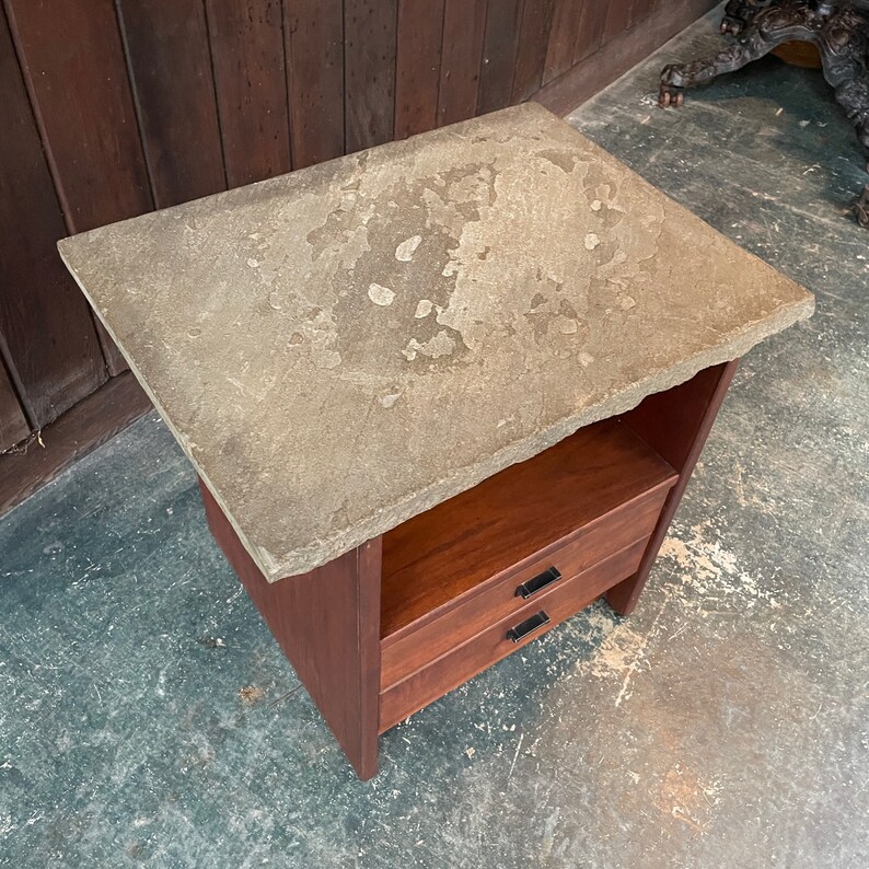 Mid-Century Stone Walnut Nightstand 2-Drawer Vintage Cabinmodern image 5