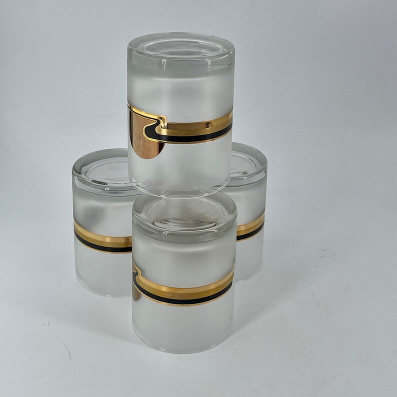 1970s Culver Endless Summer Sunset 4 Rare Lowball Whiskey Glasses Frosted 22kt Gold Graphic Design Vintage Mid-Century Mirror Disco Retro image 3