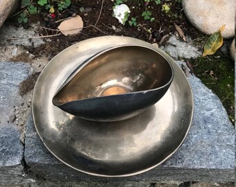 Pair of Vintage Hand-Hammered Bowl and Plate Vintage Mid-Century Modern