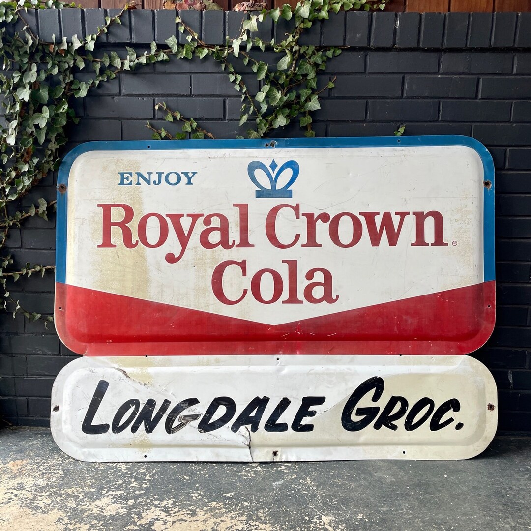 Giant 1950s Royal Crown Cola Grocery Store Porcelain Sign Vintage Antique Midcentury Longdale