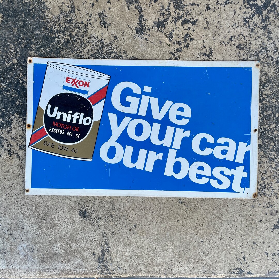 Vintage Sign Exxon Uniflo Motor Oil Tin Painted Graphic Advertising