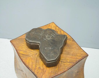 Africa Tooled Leather Wrapped Lidded Box in shape of African Continent Vintage Mid-Century Souvenir
