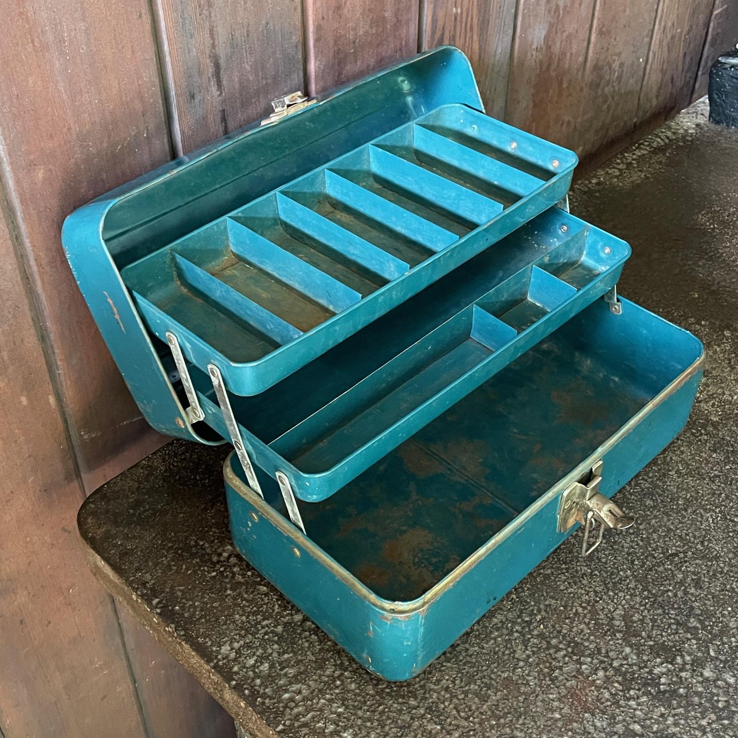 1960s Blue Union Steel Chest Toolbox Tackle Fishing Metal Case