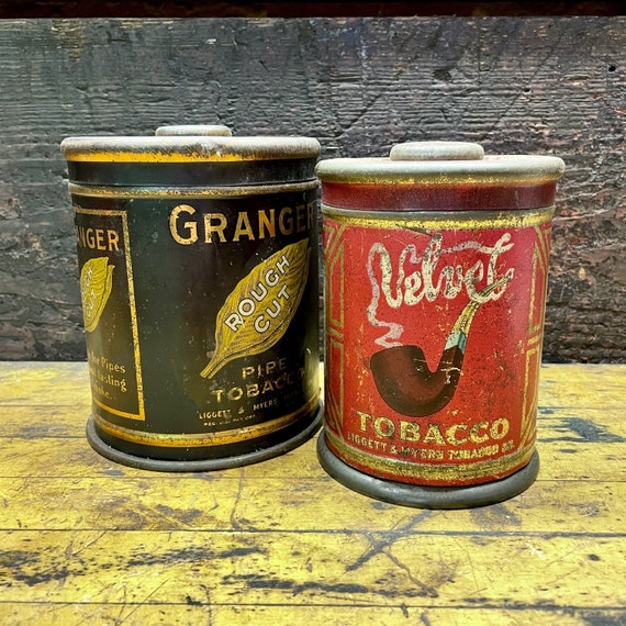 1920s Tins Velvet + Granger Smoking Tobacco Round Top Dome Cans Canister  Liggett Myers Vintage Art Deco Advertising Graphics Ads