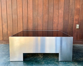 Vintage 1970s Steel Smoked Glass Block Coffee Table like Milo Baughman / Paul Mayen / Paul Evans