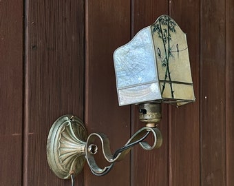 Victorian Wall Sconce with Rare Capiz Shell Lampshade Paitinged Bird Motif Vintage Industrial