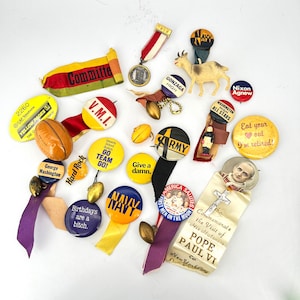 Op de afbeelding: Een verzameling vintage spelden, linten en een klein geitenbeeldje. De spelden bevatten tekst als "NAVY", "ARMY" en "Birthdays are a bitch". Linten herdenken evenementen en figuren, waaronder paus Paulus VI. Verschillende kleuren zijn aanwezig.