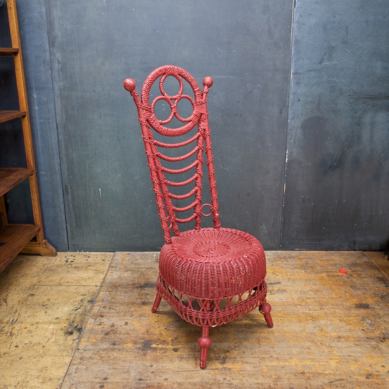 Antique 1900s Victorian Highback Wicker Parlor Chair Red Painted Rattan Woven image 1