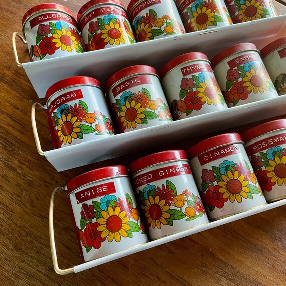 1960s Mid-century Tin Wall Spice Racks 3 Sets Rows Vintage Floral