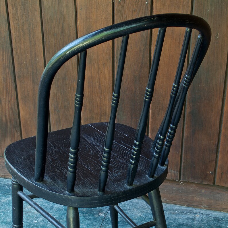 Pair 1920s Rustic Black Spindle Bentwood Farmhouse Side Dining Chairs Vintage Early Century Wire Reinforced Kitchen Nook Hoop Back Eclectic image 6