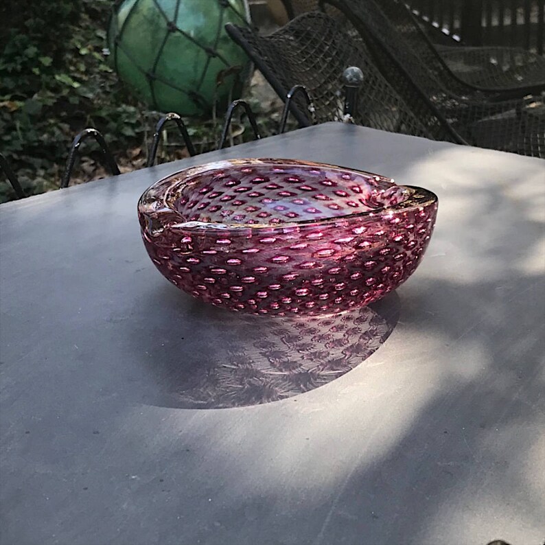 Murano Venini Controlled Bubble Art Glass Cigar Ashtray Bowl Vintage Mid-Century Hydrangea Pink Sommerso Ravenna image 2