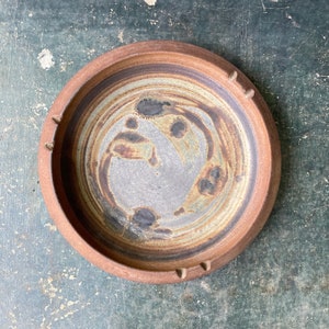 Beautiful Party Ashtray Stoneware Signed Vintage Mid-Century Dish but Chipped image 1