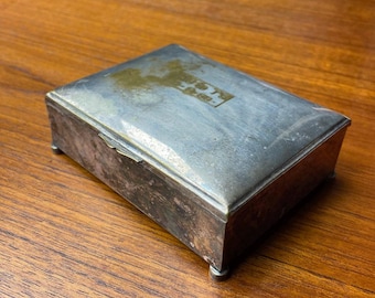Cigarette Box Wood Lined Silver Plated Vintage 1930s Cigarillo Case Lidded Monogrammed