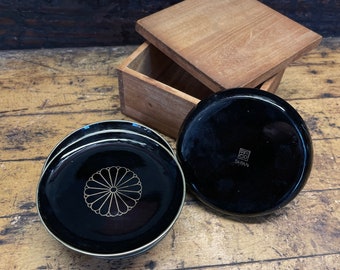 Otagiri Coaster Black Original Balsa wood Box Japanese Vintage Mid-Century