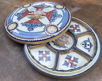 Discovery Ship Christopher Colombus Majolica Outeiro Agueda Portugal Pottery Hors d'oeuvre Platter Plate Dishes Vintage Mid-Century
