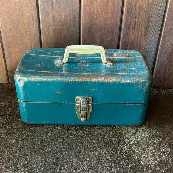 1960s Blue Union Steel Chest Toolbox Tackle Fishing Metal Case