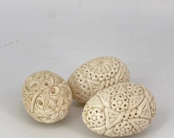 3 Carved Maximalist Asian Eggs Paperweights Vintage Mid-Century