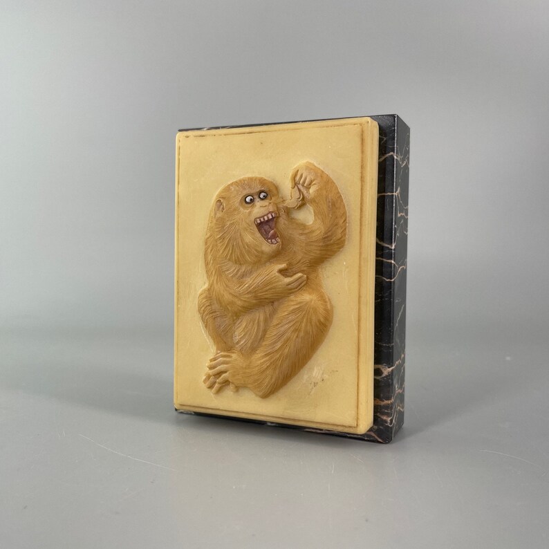 Resin Mold Japanese Relief Carved Monkey Butterfly Meiji Period Paperweight Vintage Mid-Century Jungle Desk Art image 7