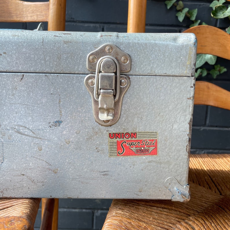 Vintage Industrial Union Made Toolbox with Enamel Blue Steel Handle Interior 1940s 1950s image 7