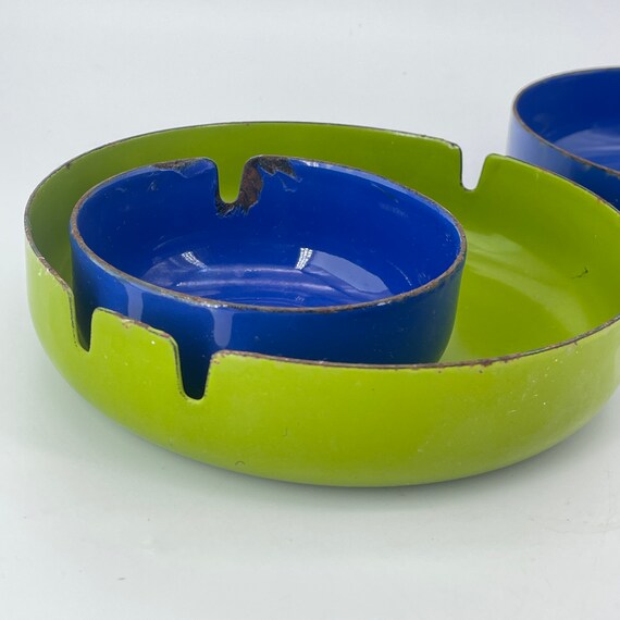 Vintage 1960s Japanese Enameled Ashtray Set 3 Green Blue Japan