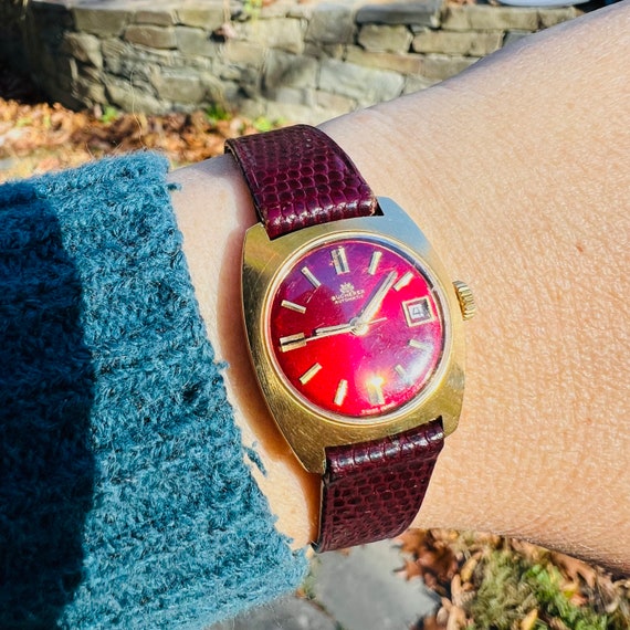 1970s Bucherer 18K Solid Gold Wrist Watch Working Ladies Burgundy Vintage Etsy Canada