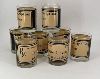 8 Vintage 1970s Mid-Century Modern Rx Prescription Novelty Cocktail Glasses