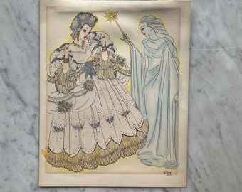 Margaret Ann Gaug  Early 20th Century Original Drawing Ink Vintage Victorian Style Cleta Irving slipper Nobility Cinderella Sisters