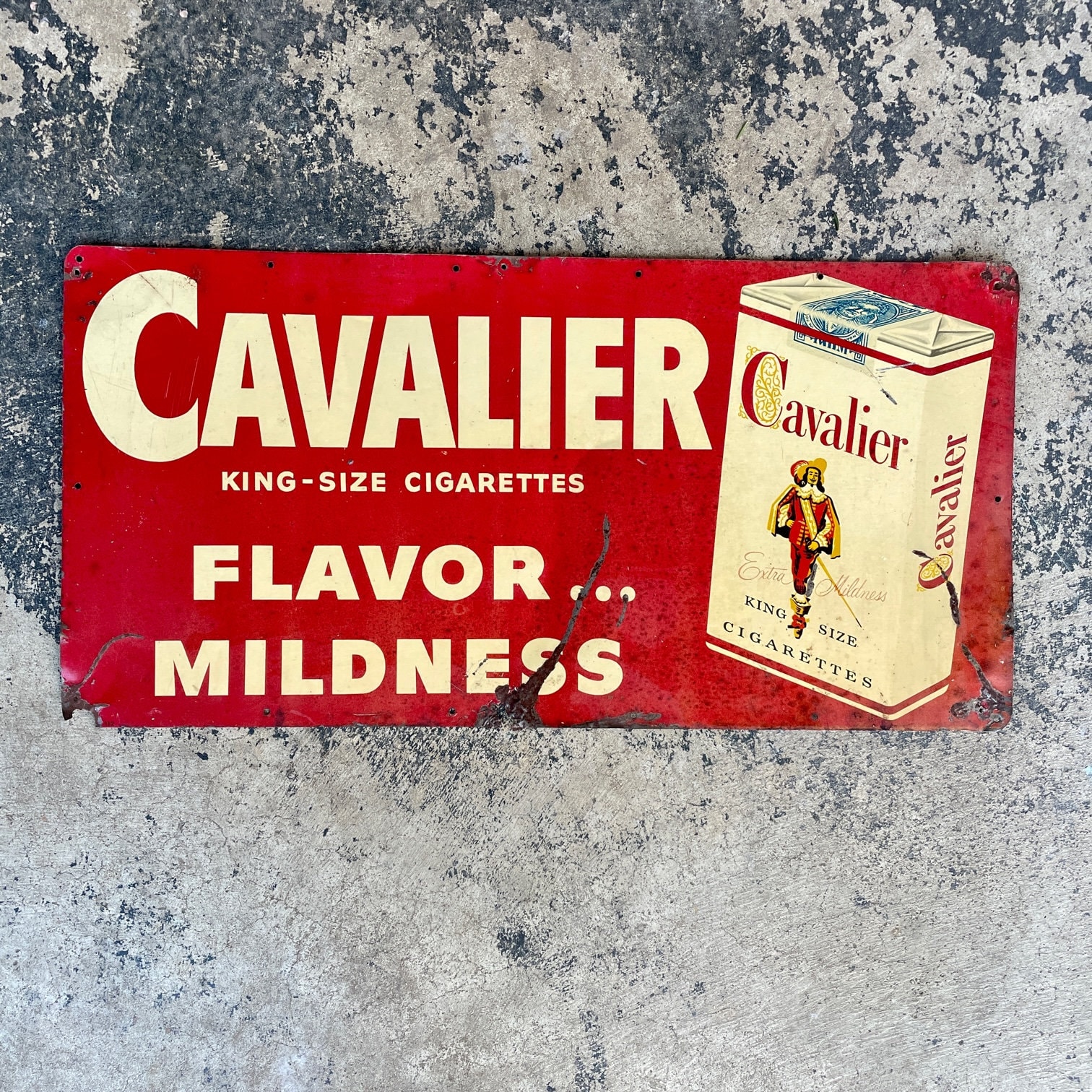 Cavalier Tobacco Cigarette Sign Tin Tacker Vintage Mid-century Smoking Era 