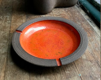 Japanese Studio Pottery Orange Glazed Terracotta Sun Bowl Ashtray Dish Vintage Mid-Century Modern